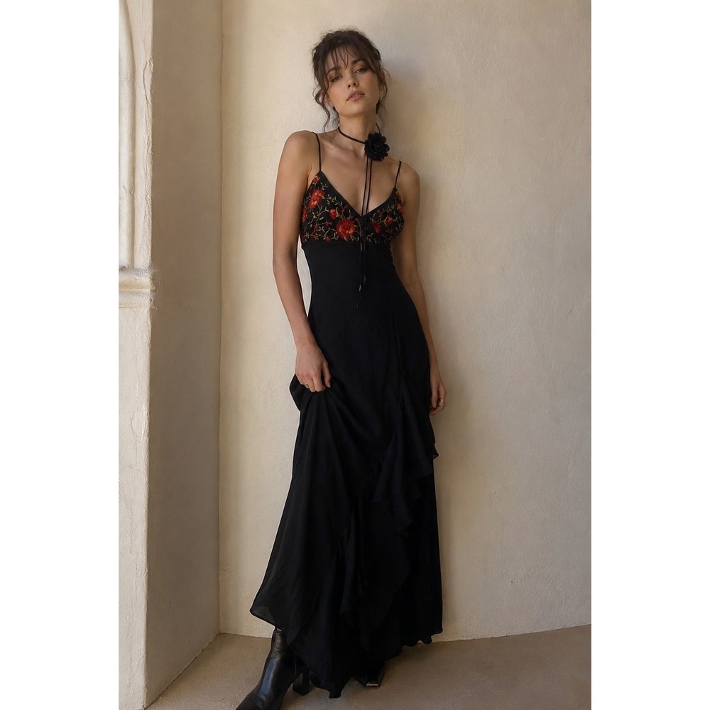 Vintage‎ 90s De Laru Black Floral Embroidered Maxi Slip Dress Formal